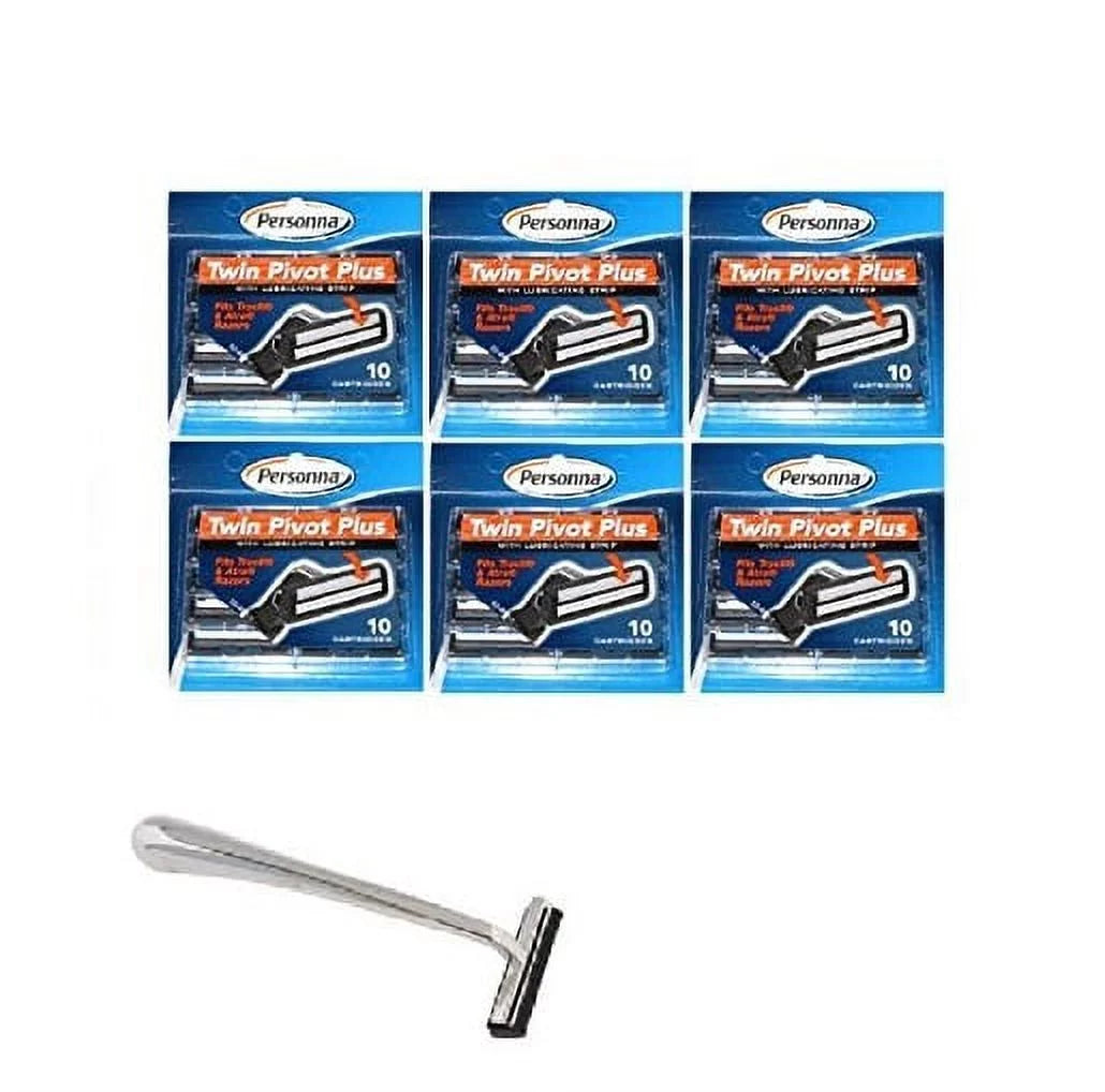 Chrome Handle + Twin Pivot Plus Razor Cartridges with Lubricating Strip 10 ct Pack of 6 + Slim Twin for Sensitive Skin D472