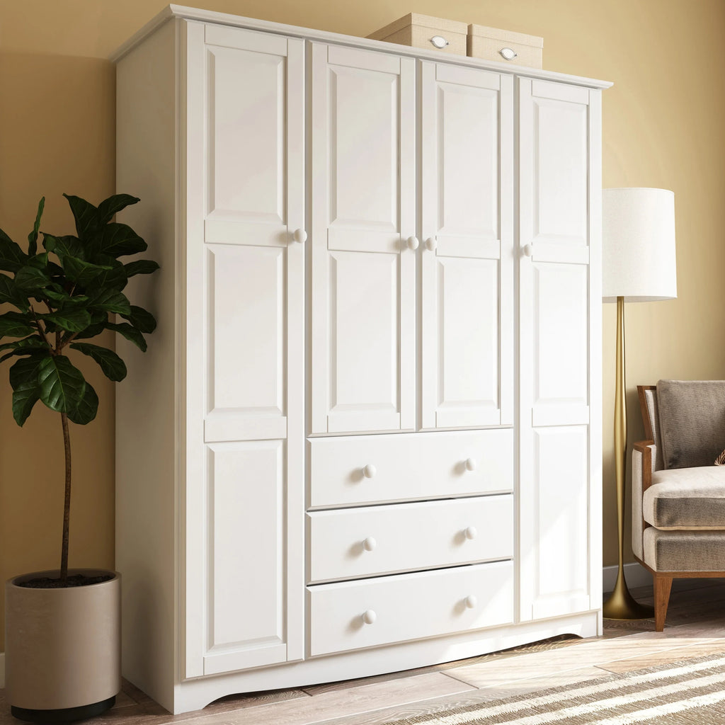 100% Solid Wood 4-Door Wardrobe Armoire White P3965