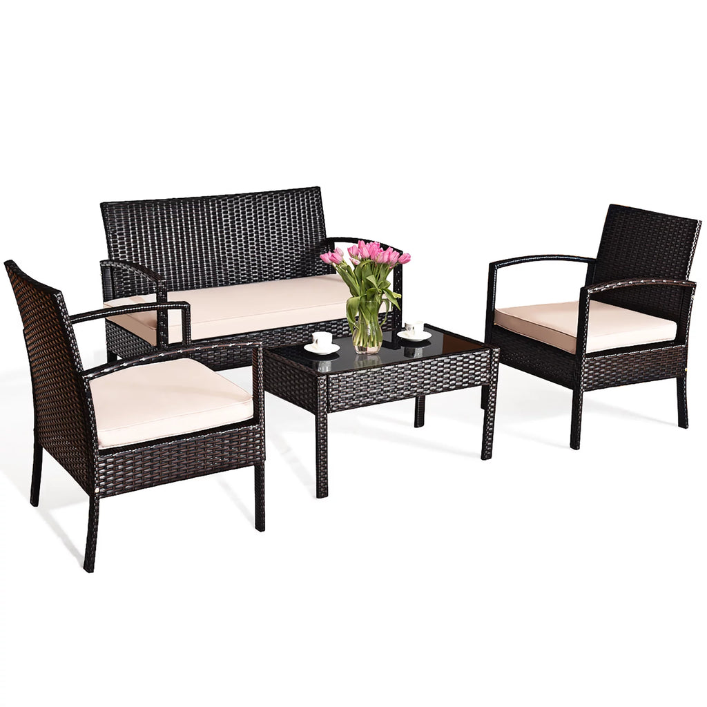 4 Pc Cushioned Patio Rattan Conversation Furniture Set E9294