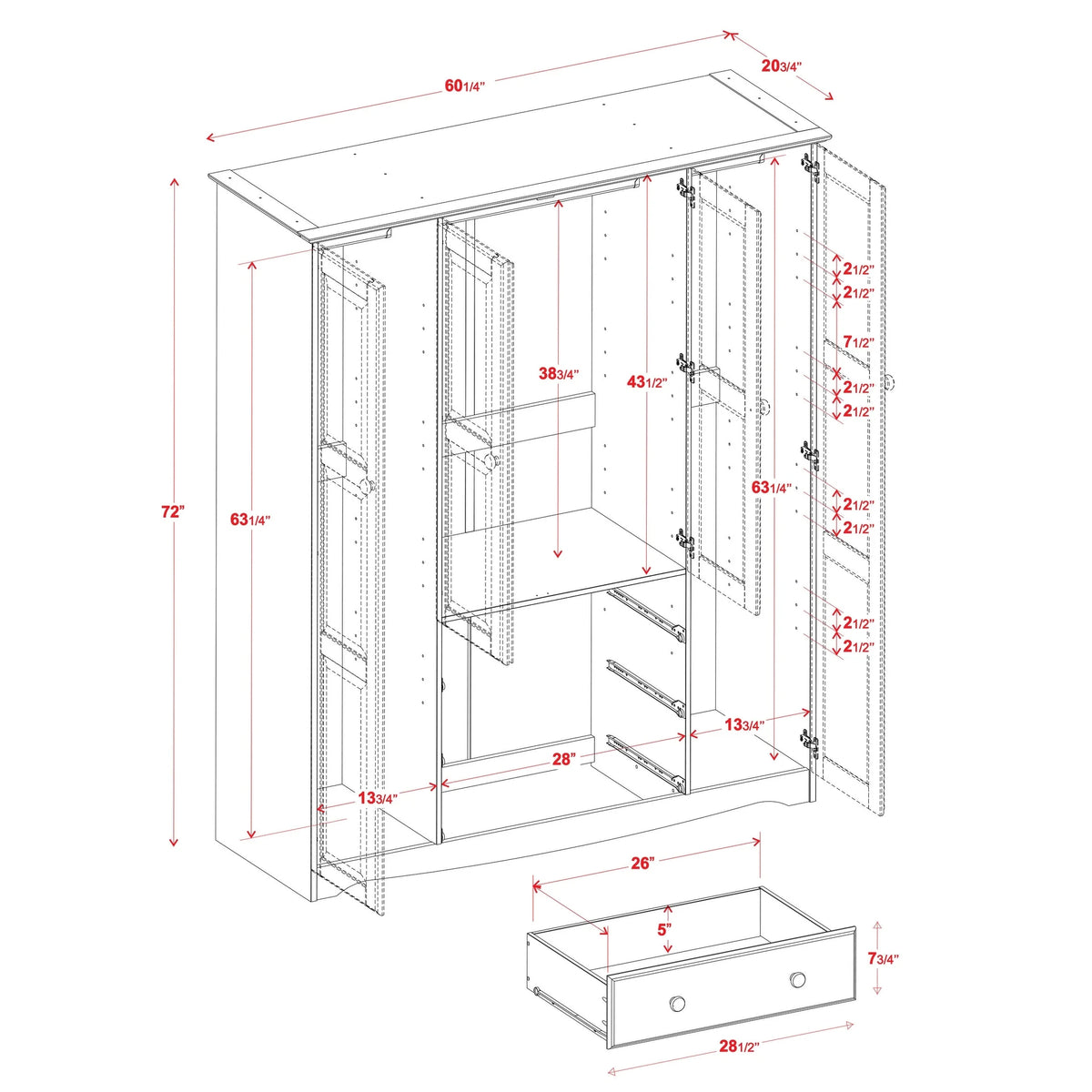 100% Solid Wood 4-Door Wardrobe Armoire White P3965