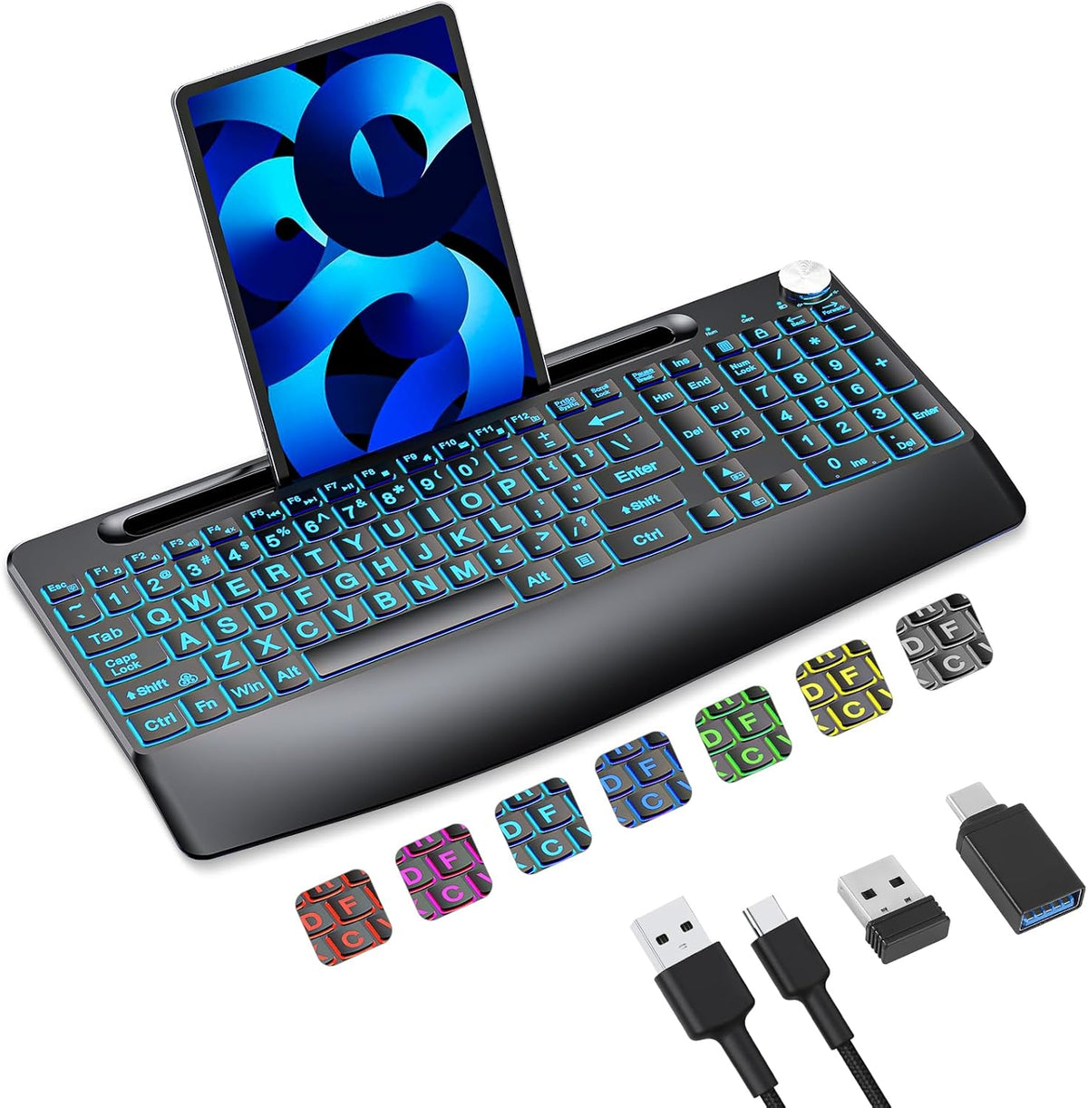 2.4G Wireless Large Print Full Size Keyboard with 7 Colored Backlit J4995