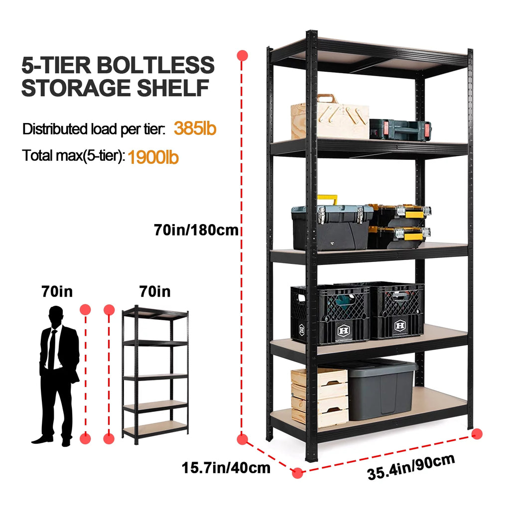 5 Tier Adjustable Heavy Duty Metal Storage Shelving, Black, 35.4" x 15.7" x 70" B966936
