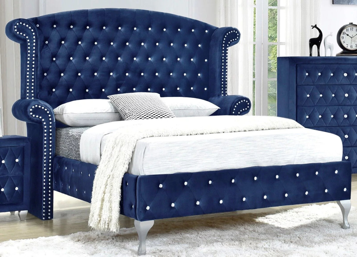 King Size 4Pc Blue Velvet Bedroom Set P557226