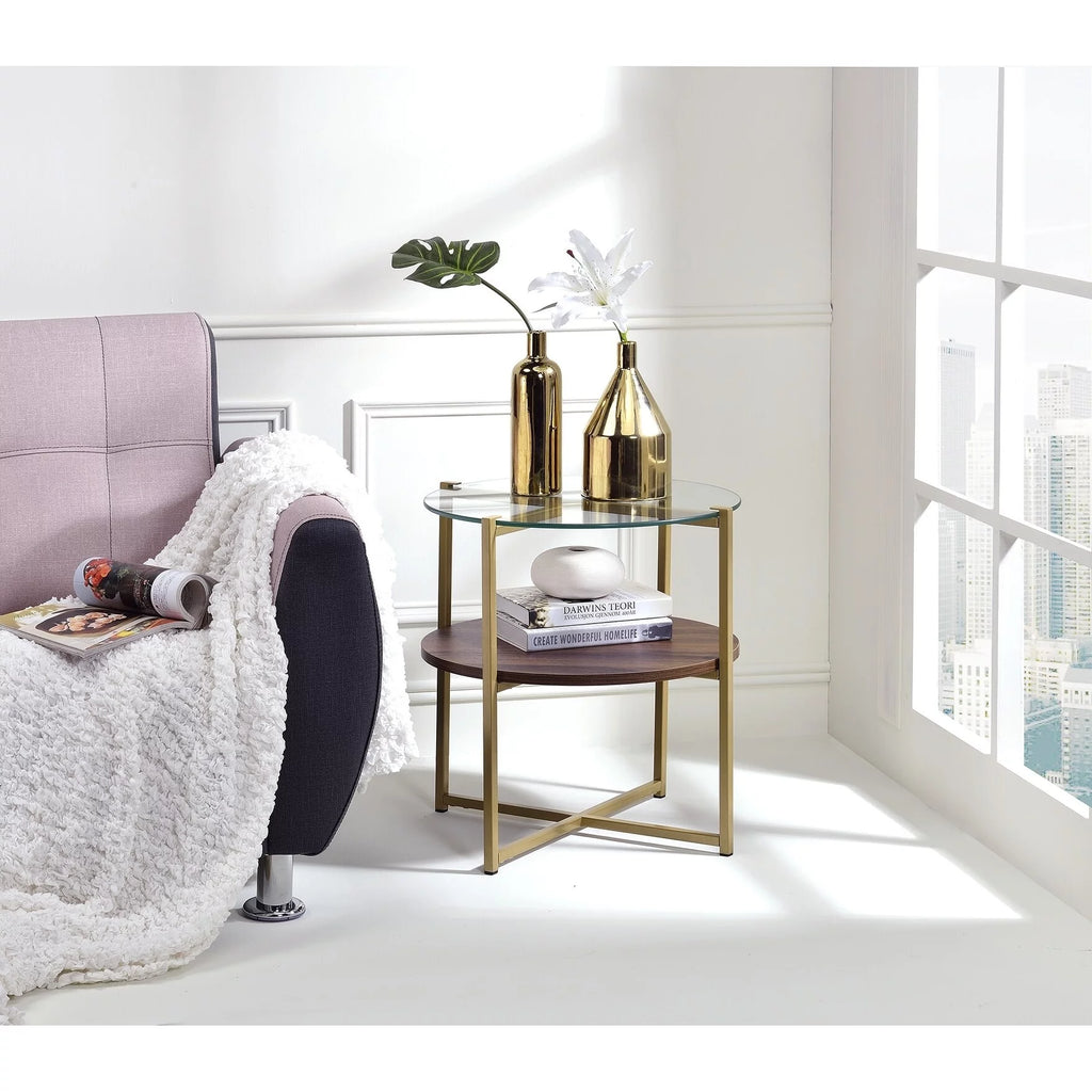 Round Wood and Metal End Table in Gold W622
