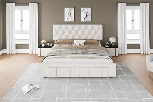 Queen Size Upholstered Platform Bed Frame with Storage Drawers L1826