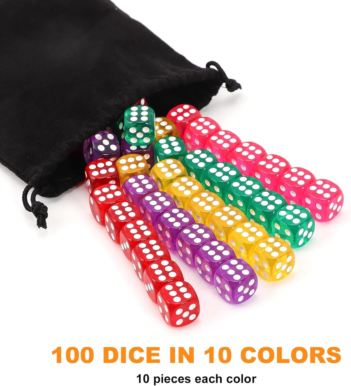 100Pcs Colored Dice Set Standard 16mm Game Dice Bulk with Black Drawstring Storage Bag E8215