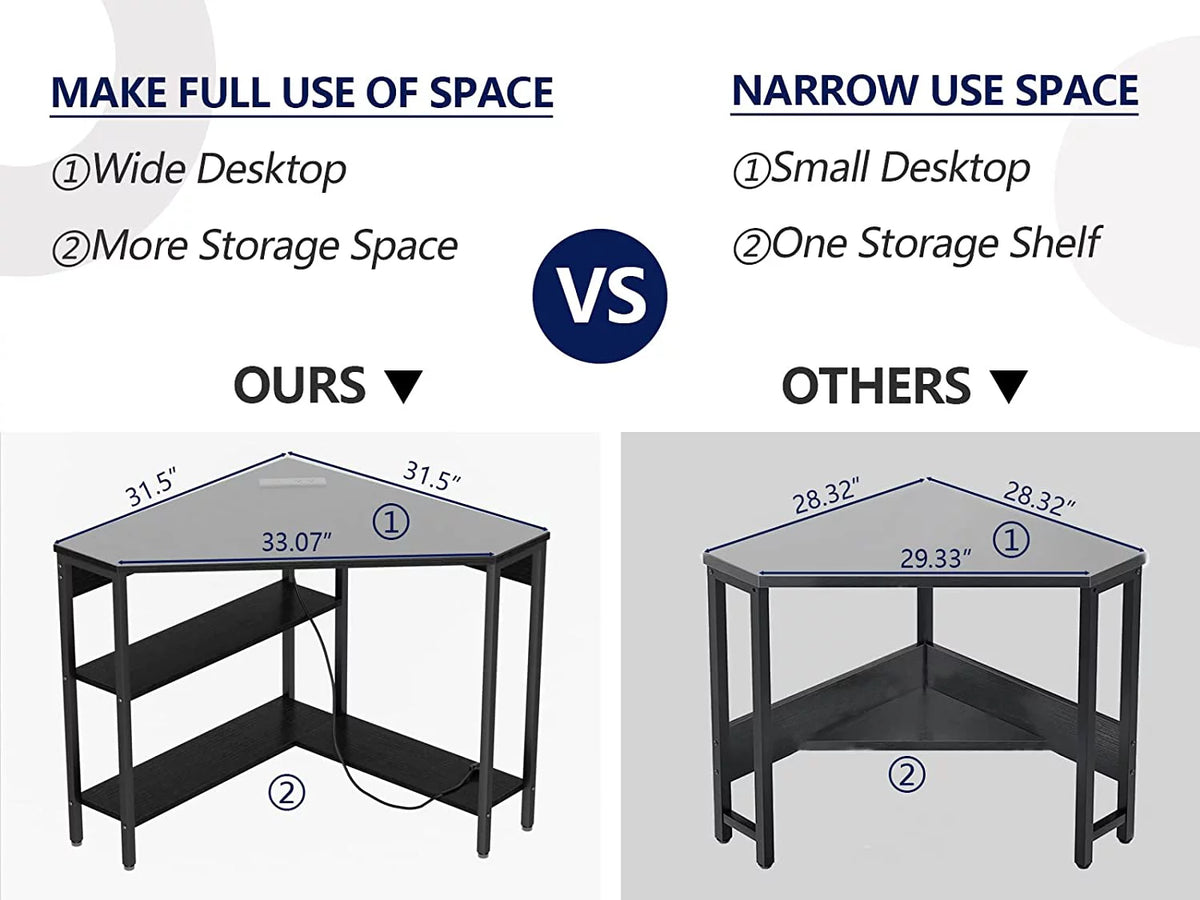 Corner Desk with Outlets USB Ports Storage Shelves I349