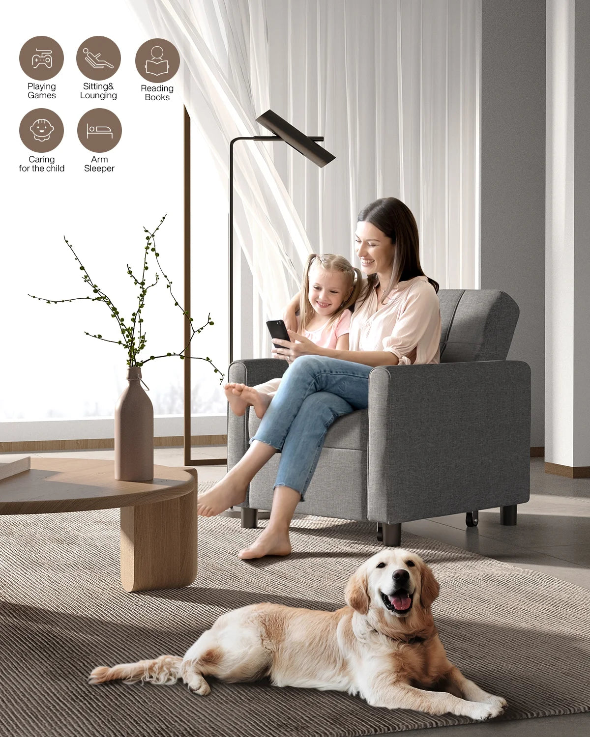 Grey Convertible Chair Single Bed M784