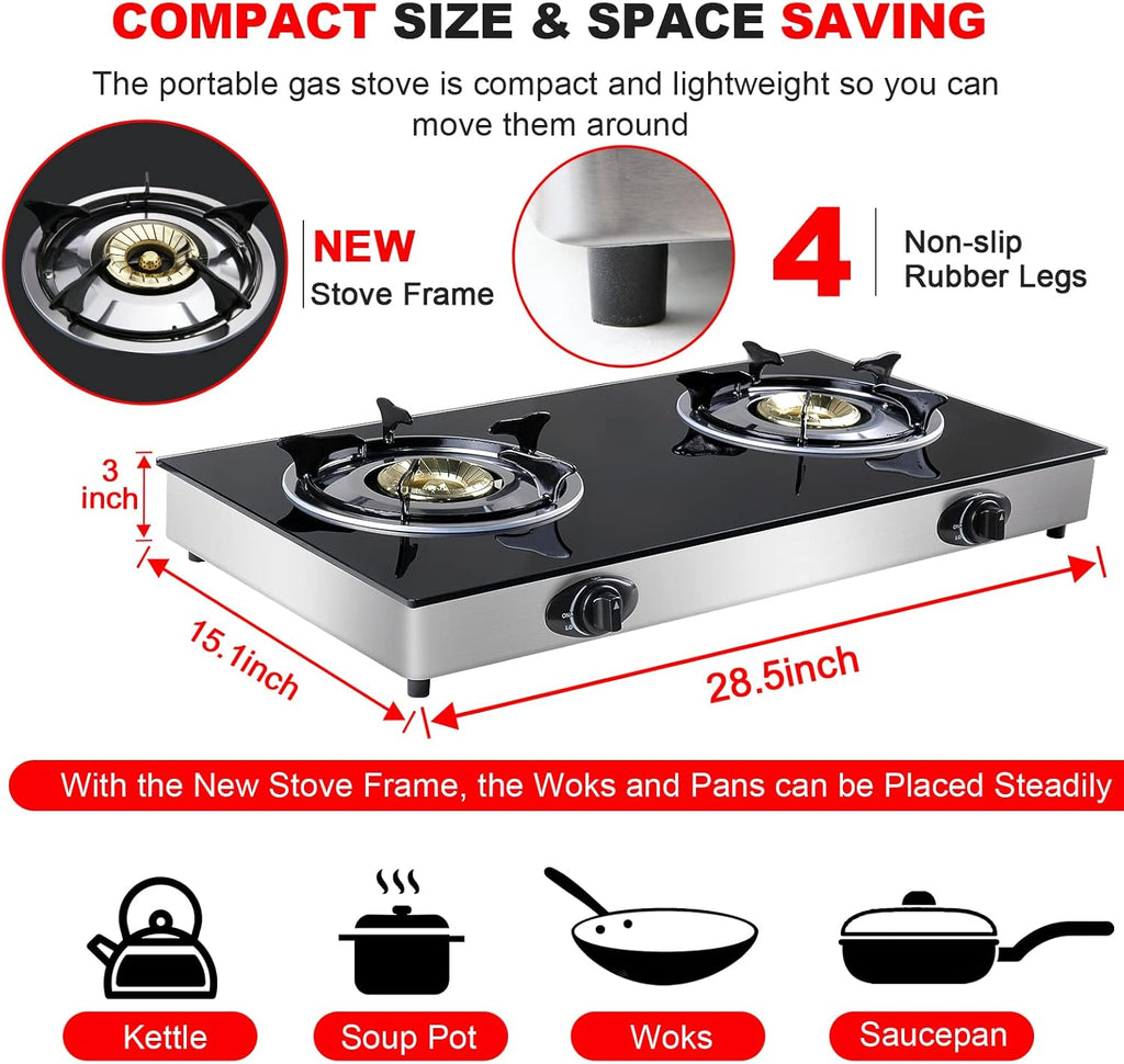 Propane Gas Cooktop 2 Burners Tempered Glass Auto Ignition Q37233