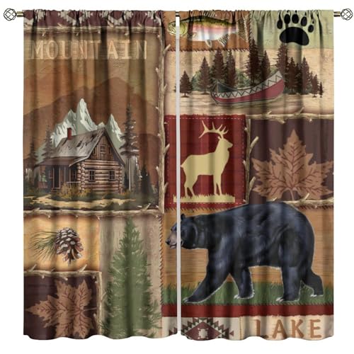 Rustic Bear Moose Deer Curtains, Retro Pine Tree Cabin Country Lodge Camping Window Treatments Vintage Tribal Aztec Abstract Geometric Blackout Window Drapes 42x63in T278