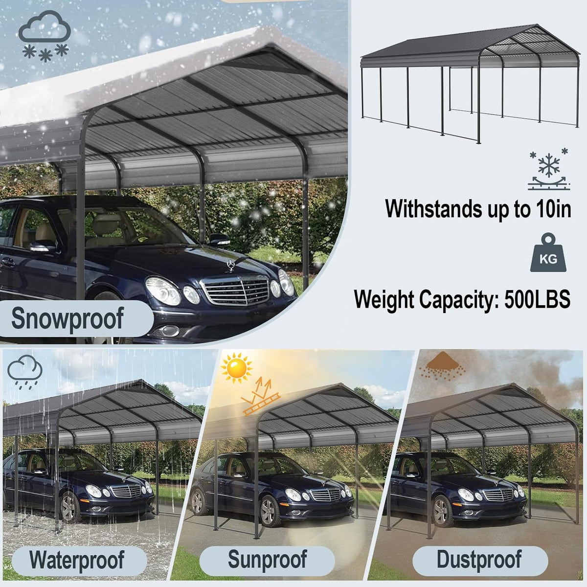 Gray Heavy Duty Metal Carport Canopy 10 x 20 ft B395