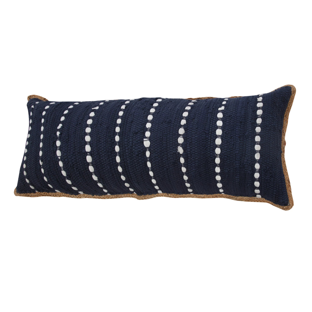 Navy Blue White Striped Jute Lumbar Throw Pillow U751851