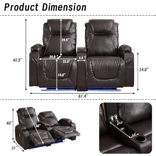 Brown Electric Power Loveseat Recliner Chair with Storage Armrest R7681