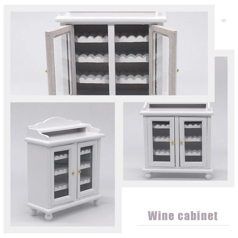 Miniature Wine Cabinet Kids Pretend Play Toy Doll House Decoration Walnut White Wood Q30818