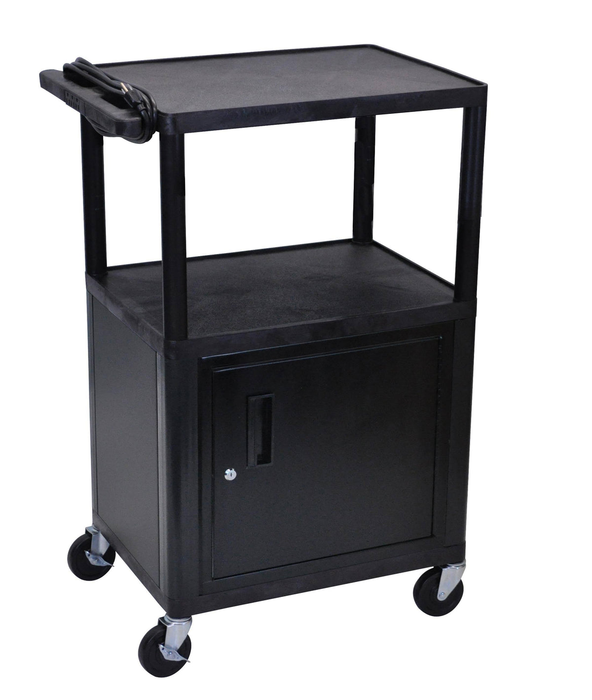 Black 3 Shelf AV Cart with Cabinet Q286