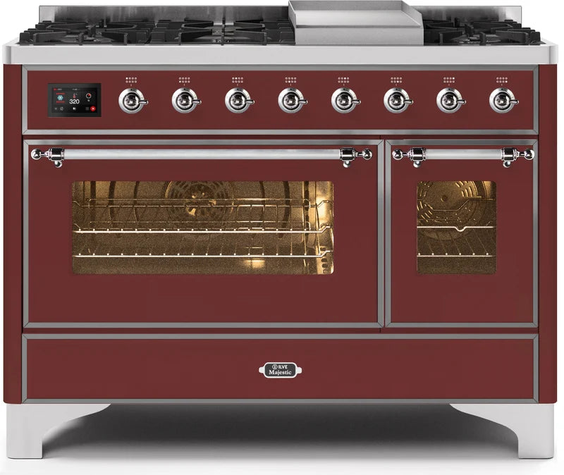 48 Dual Fuel Propane Gas Range in Burgundy with Chrome Trim N1259