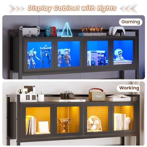 Rustic Brown L Shaped Gaming Desk with Drawers, Hutch, Storage Shelves, Pegboard, Led Lights, and Power Outlet S8283