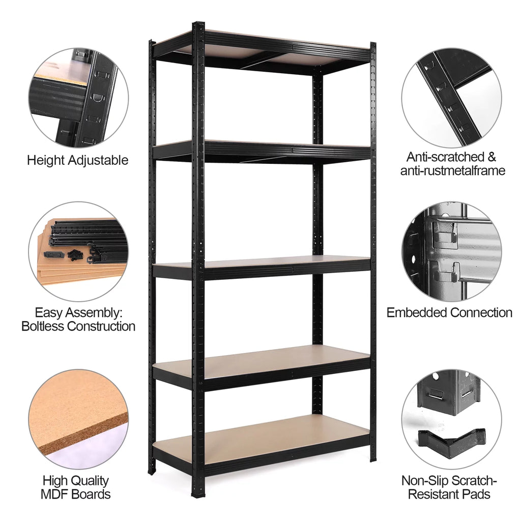 5 Tier Adjustable Heavy Duty Metal Storage Shelving, Black, 35.4" x 15.7" x 70" B966936