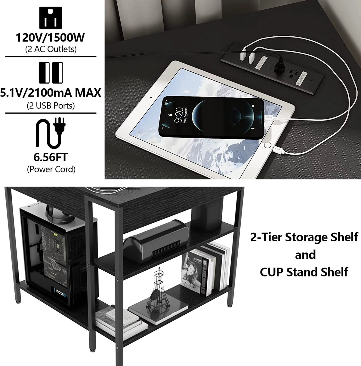 Corner Desk with Outlets USB Ports Storage Shelves I349