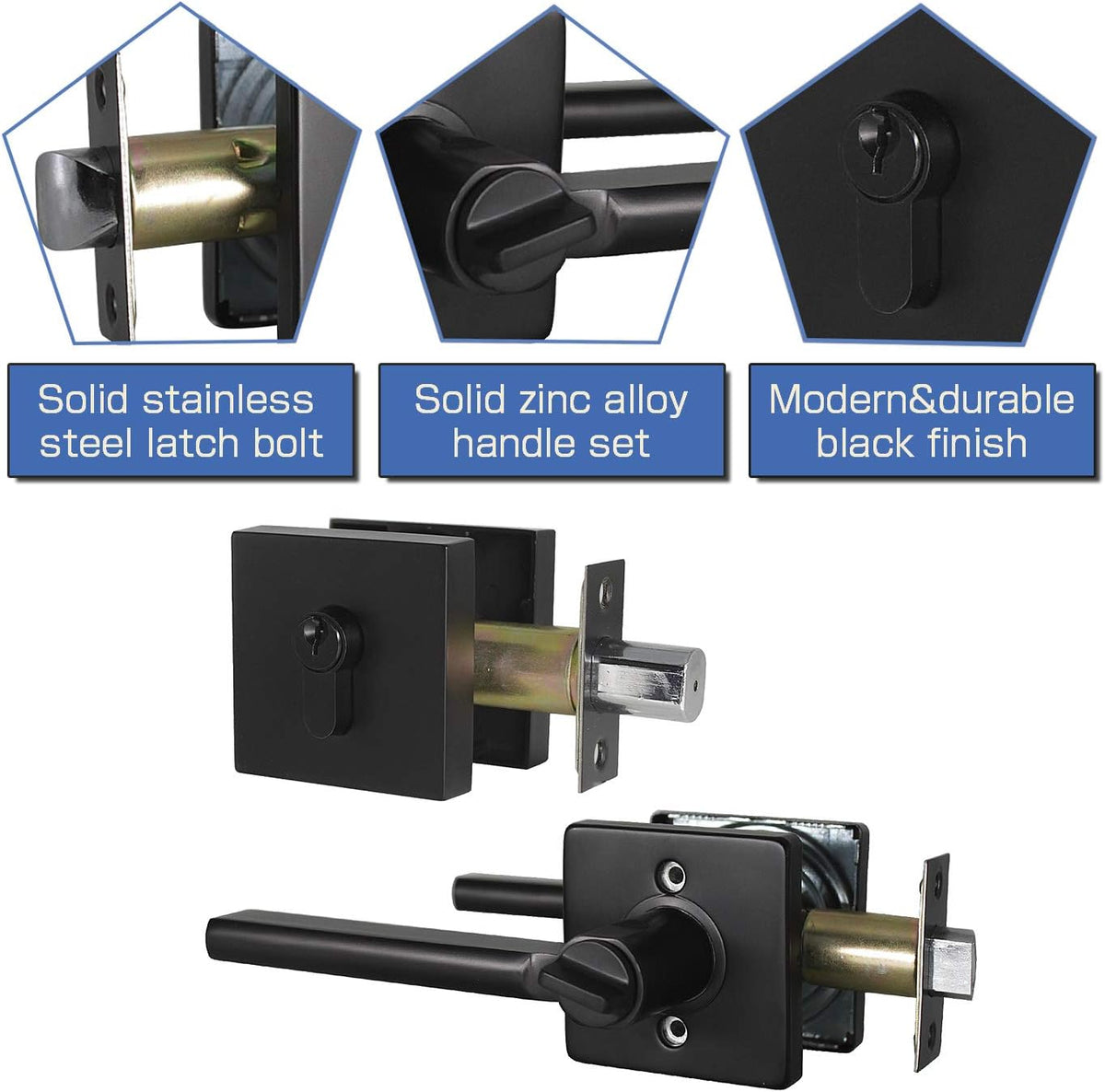 5 Pack Square Lever Handle for Closet Keyless Non-Locking Heavy Duty Interior Doors Passage Door Lever Black Finish Reversible Left or Right B849