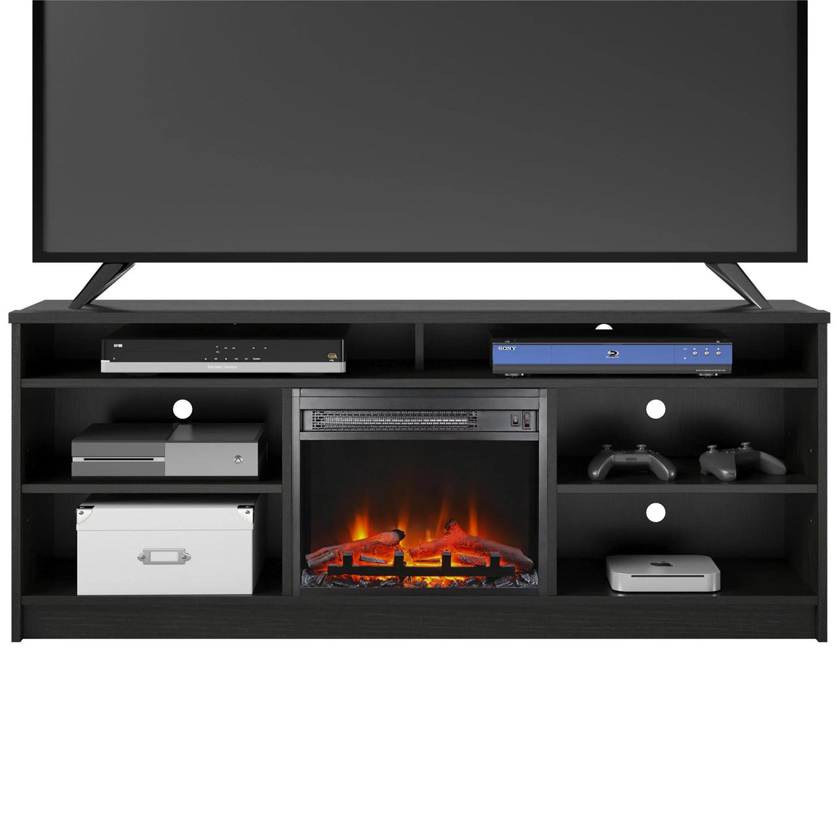Black Oak TV Stand with Electric Fireplace Insert and 6 Shelves R45900