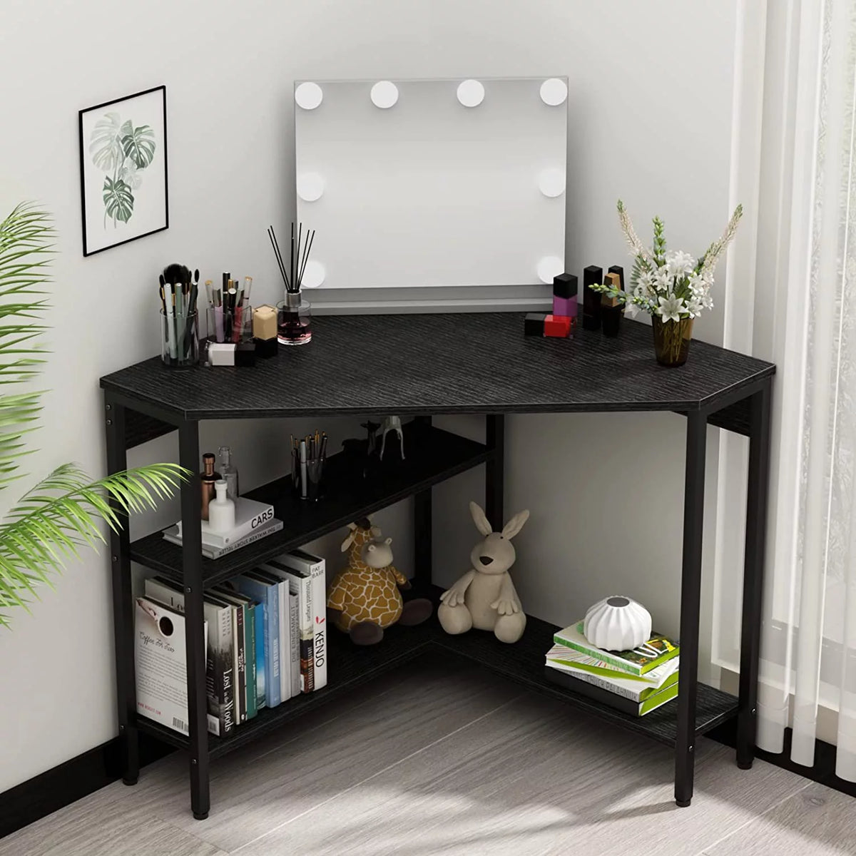 Corner Desk with Outlets USB Ports Storage Shelves I349