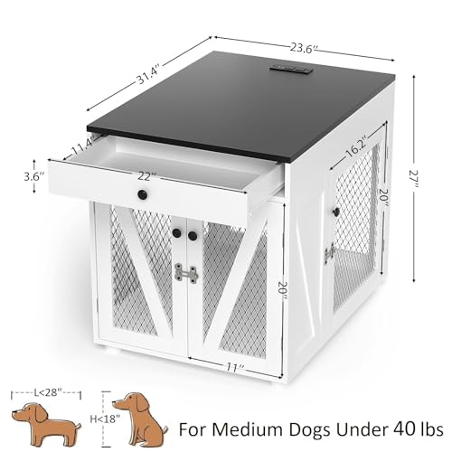 White Wooden Dog Crate End Table with Storage Drawer A110