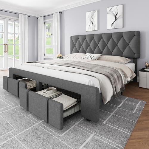 Queen Size Upholstered Platform Bed Frame with Storage Drawers L1826