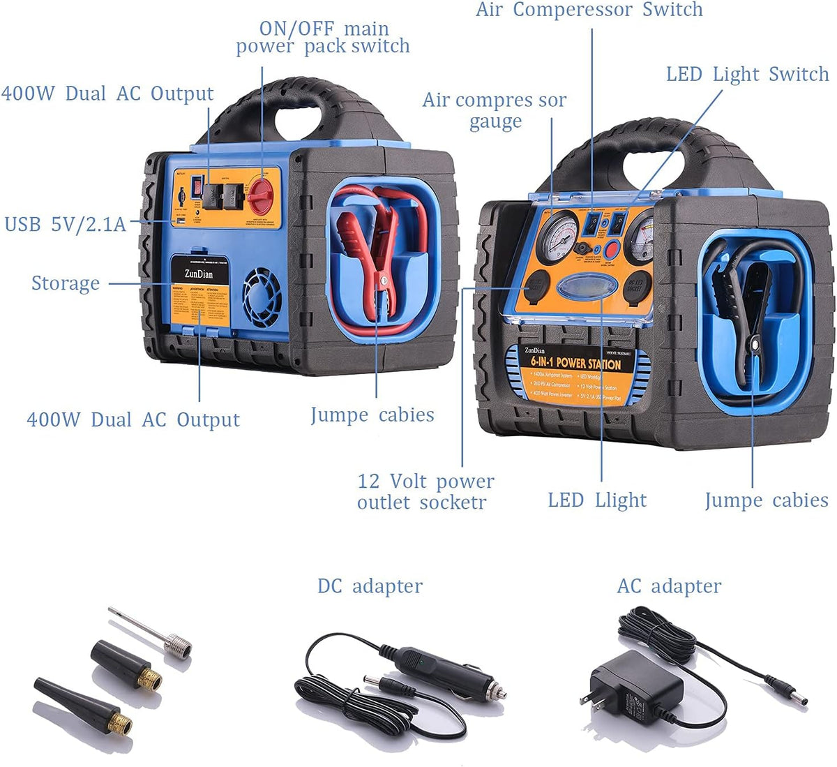 1400 Amp Battery Jump Starter with Air Compressor Car Tire Inflator, 110V 400W Power Inverter USB DC AC Outlet, 12V Emergency Auto Battery Booster Pack G206