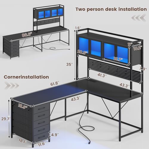 Rustic Brown L Shaped Gaming Desk with Drawers, Hutch, Storage Shelves, Pegboard, Led Lights, and Power Outlet S8283