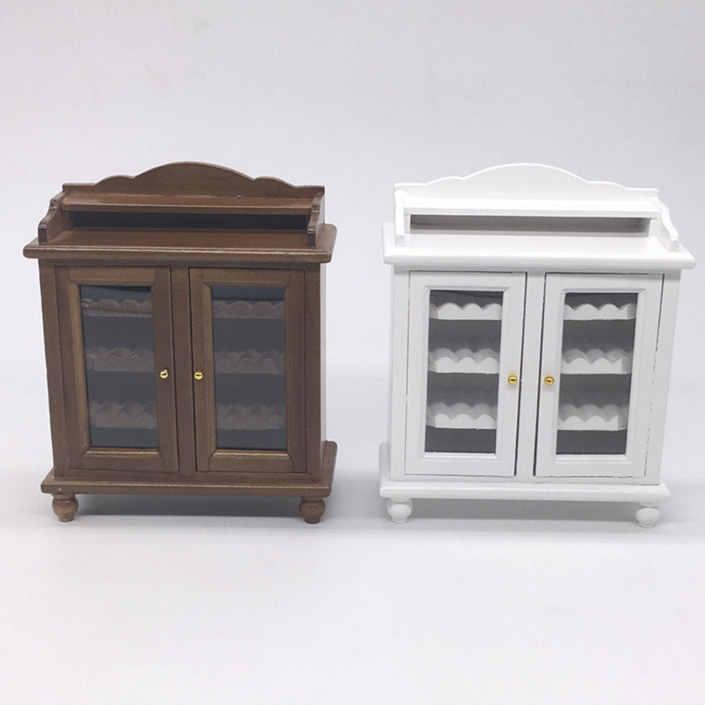 Miniature Wine Cabinet Kids Pretend Play Toy Doll House Decoration Walnut White Wood Q30818
