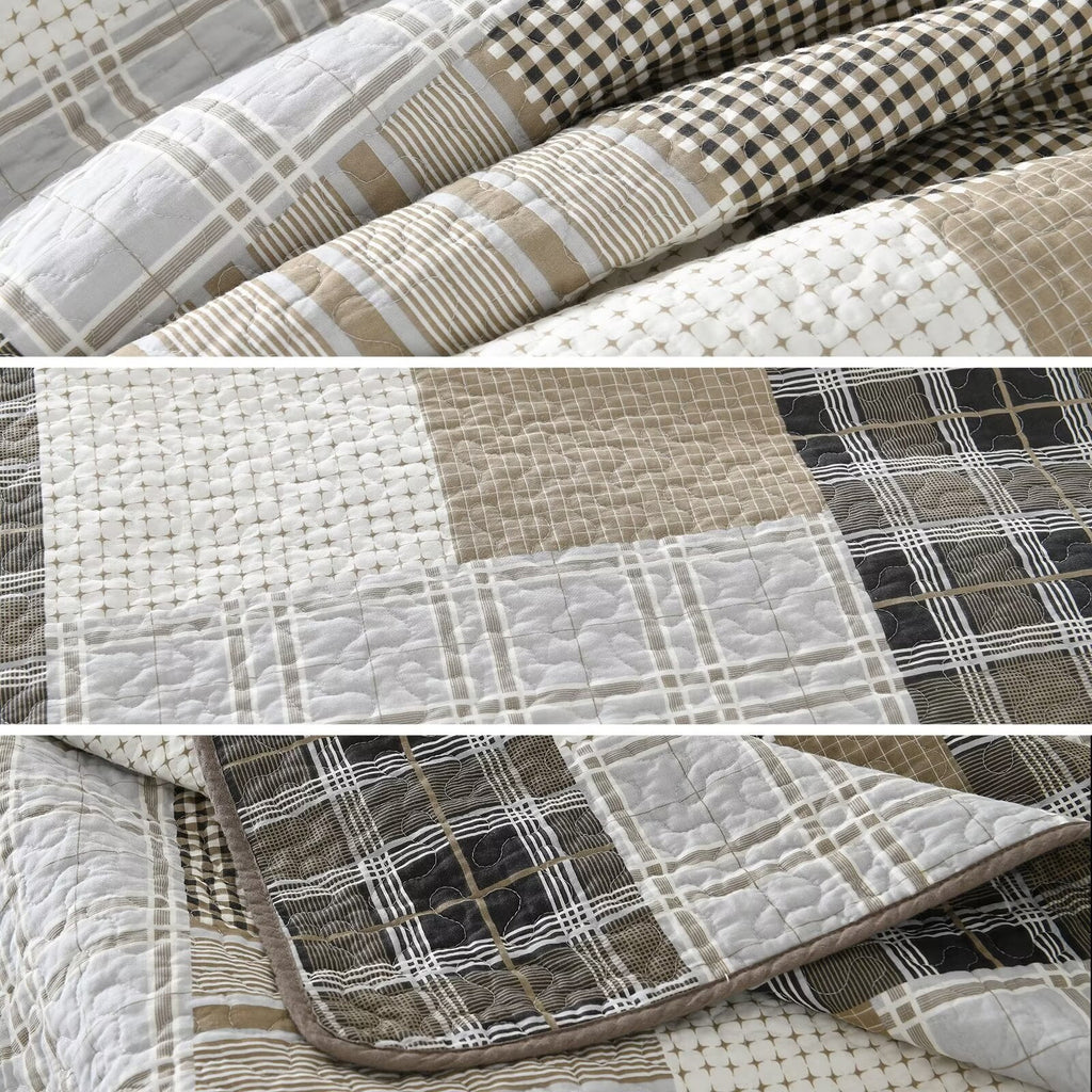 King Size 100% Cotton Beige Brown Patchwork Plaid Quilt Set 3-Piece K5475