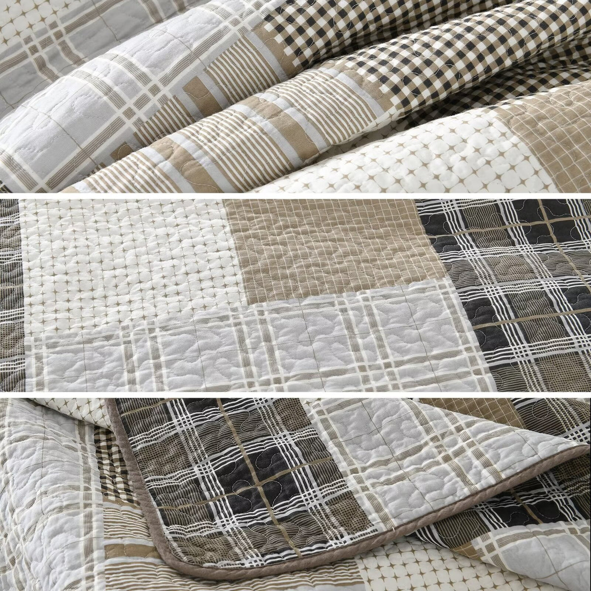 King Size 100% Cotton Beige Brown Patchwork Plaid Quilt Set 3-Piece K5475