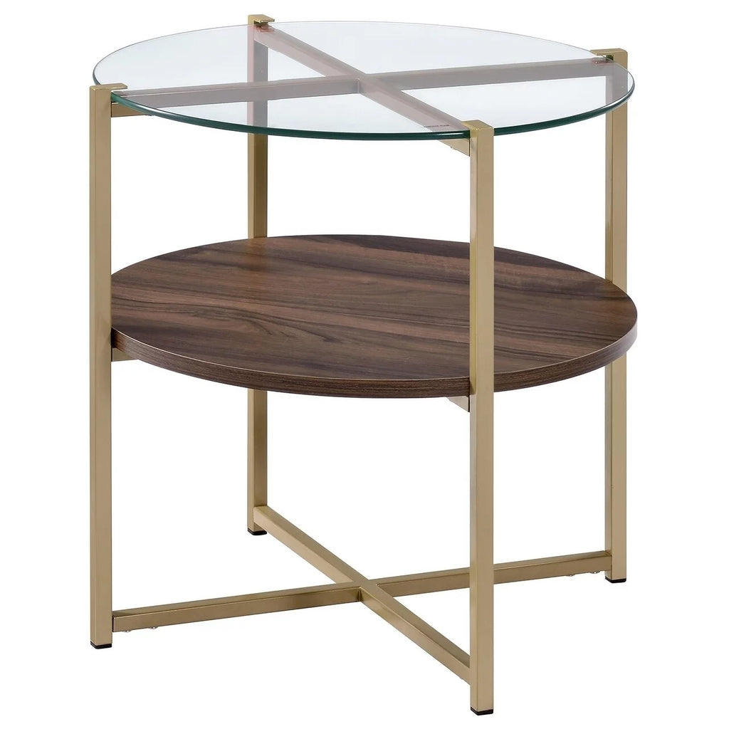 Round Wood and Metal End Table in Gold W622
