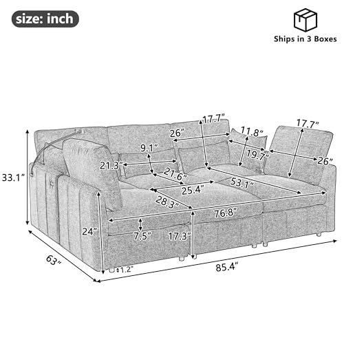 6 Seater Reversible Modular Sectional Sofa Sleeper Couch Bed Chenille Upholstered with USB Ports I254002