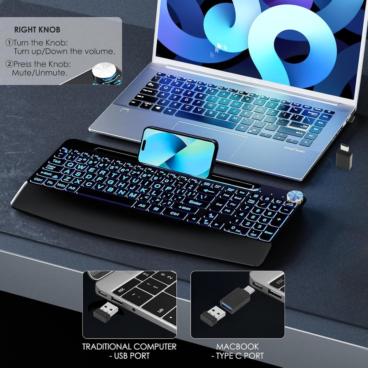 2.4G Wireless Large Print Full Size Keyboard with 7 Colored Backlit J4995