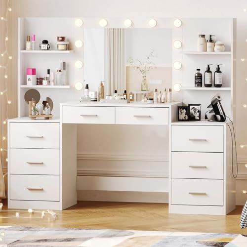 White Vanity Desk with Mirror & Lights, 8 Drawers R99151