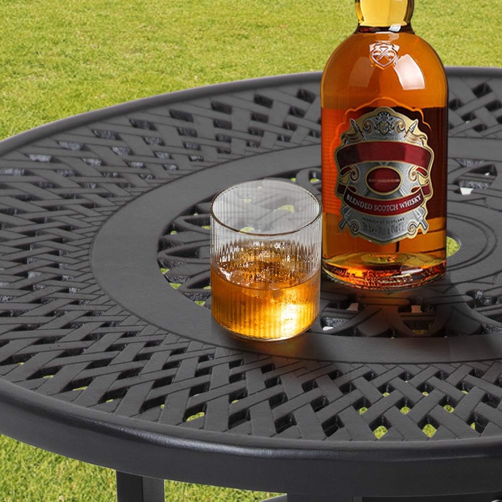 Cast Aluminum Round Side Table with Umbrella Hole, Black M24047