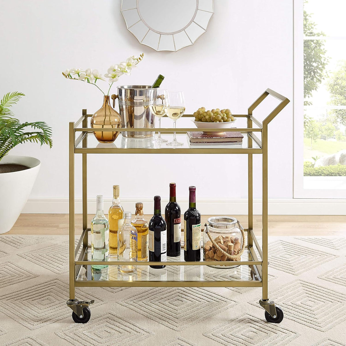 Gold and Glass Rolling Bar Cart S117548