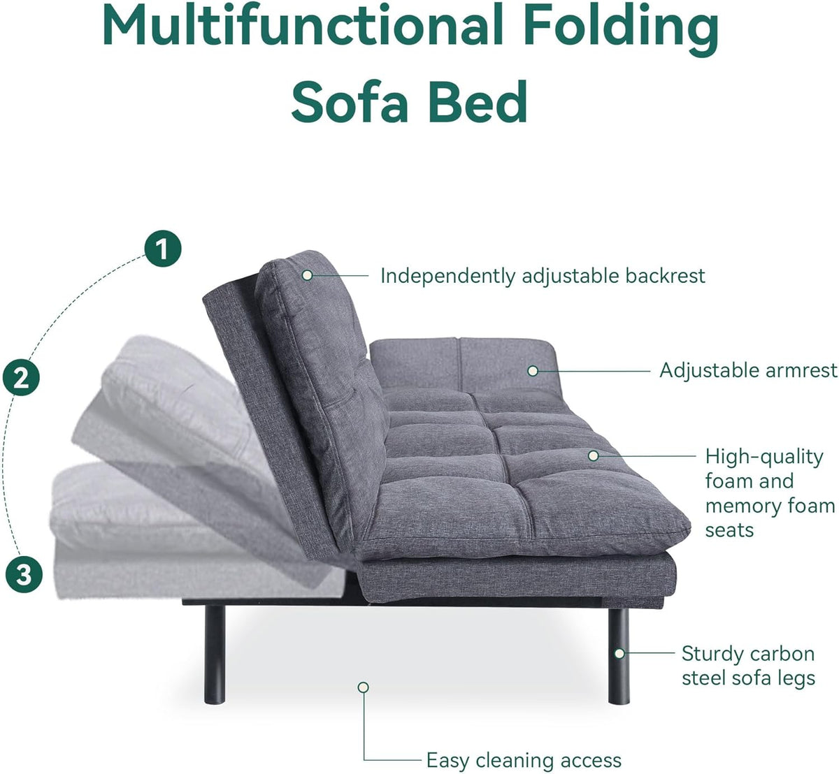 Gray Memory Foam Convertible Sofa Bed X85616
