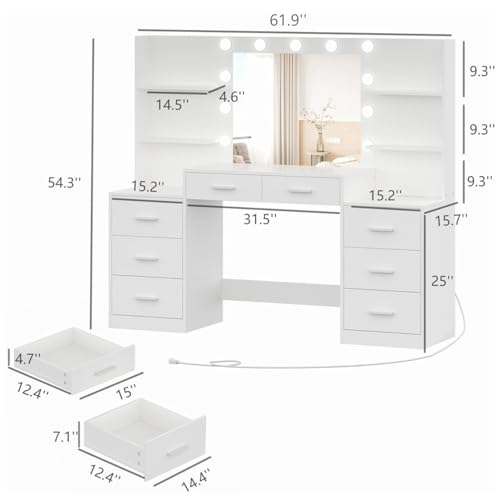 White Vanity Desk with Mirror & Lights, 8 Drawers R99151