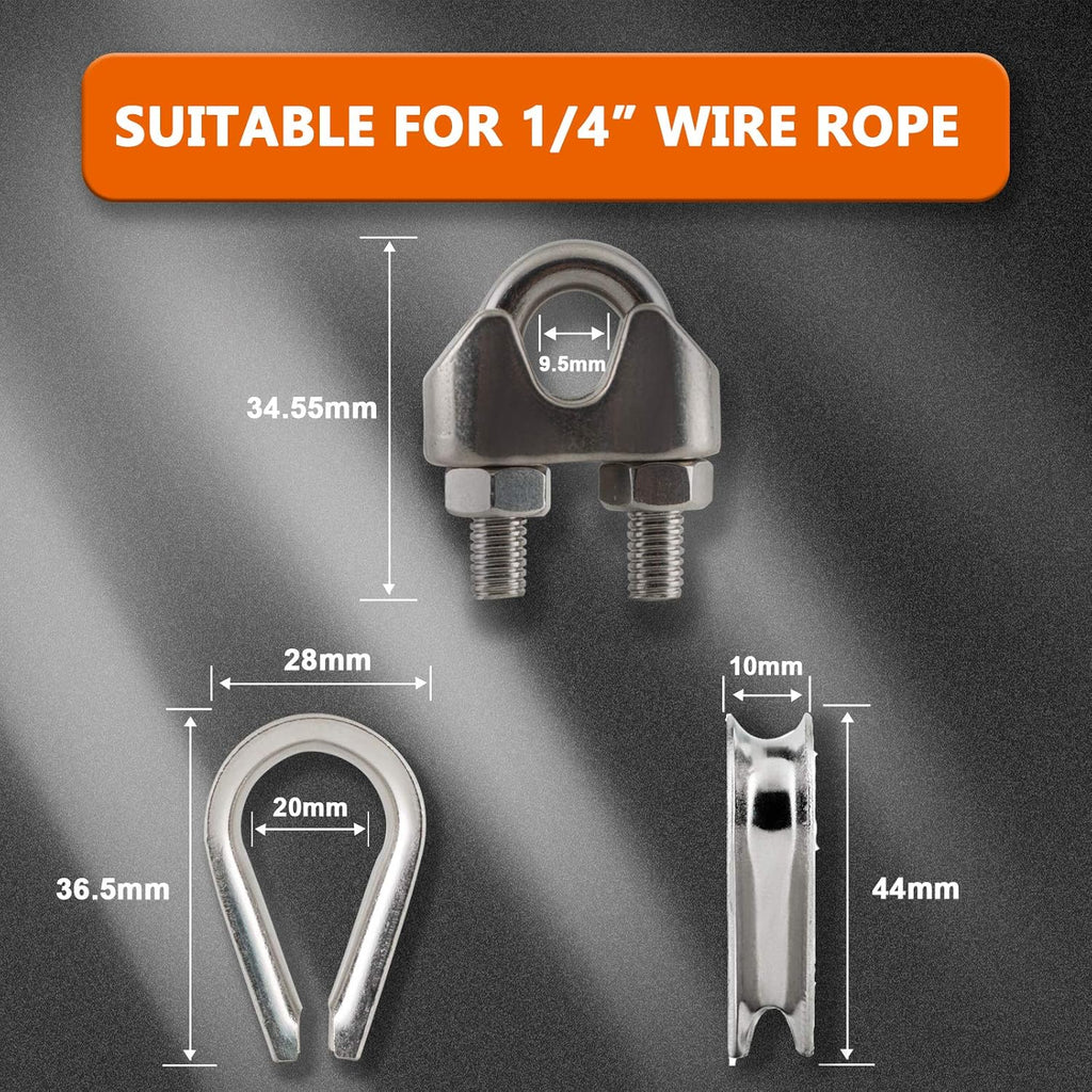 1/4 Stainless Steel Aircraft Cable with Clamps & Thimbles 200Ft B8251
