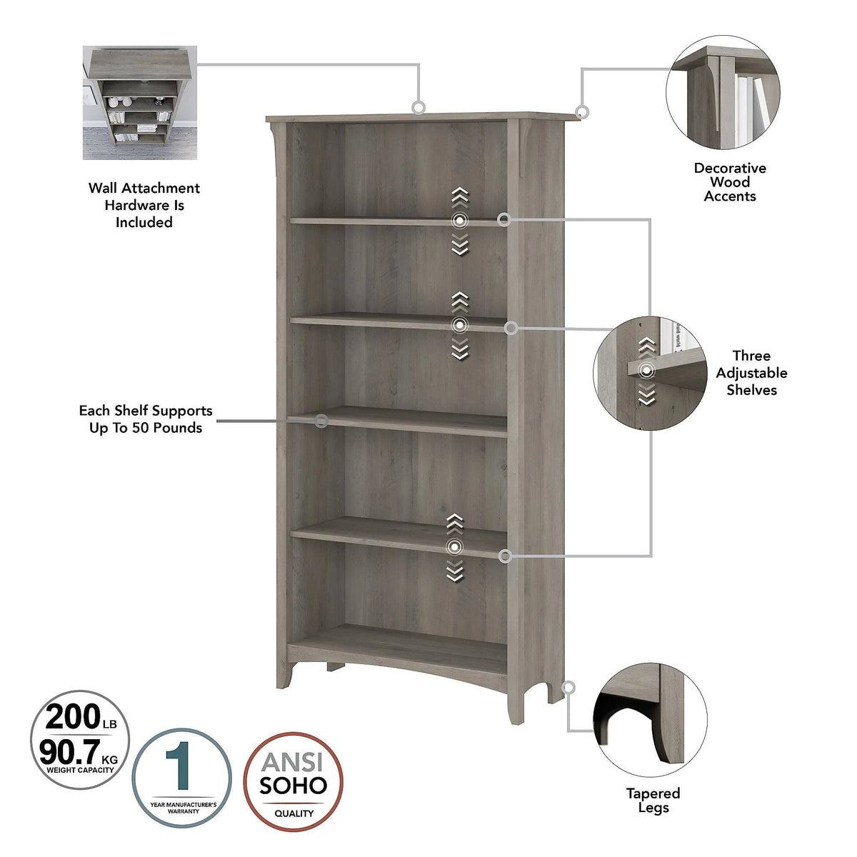 5 Shelf Bookcase, Driftwood Gray L2936