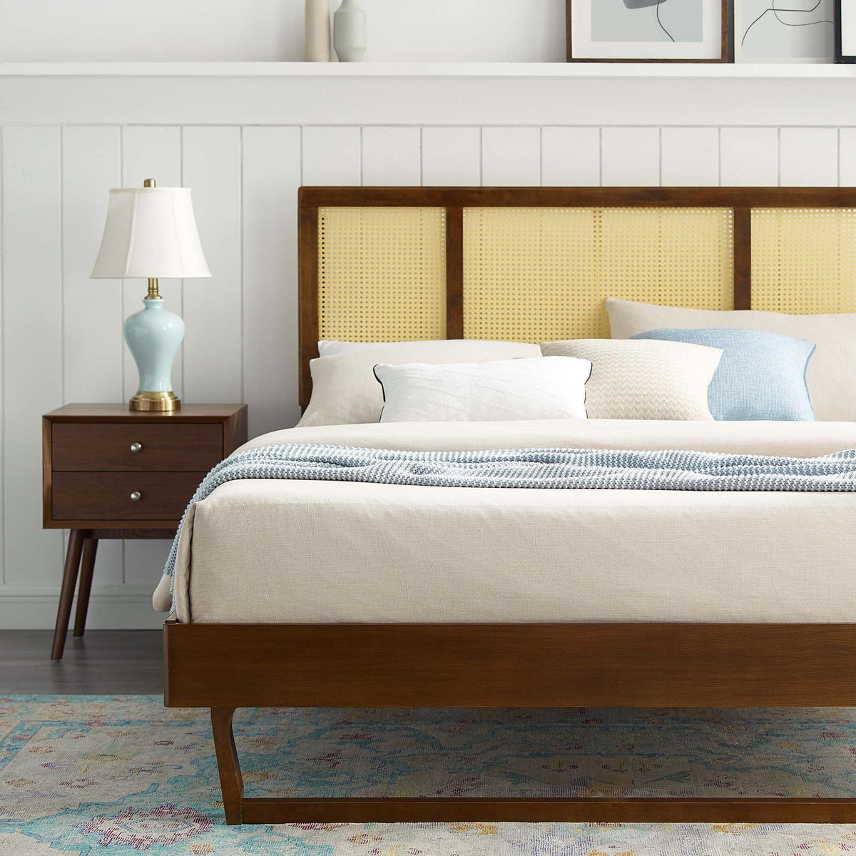 Walnut Cane and Wood King Platform Bed H168262