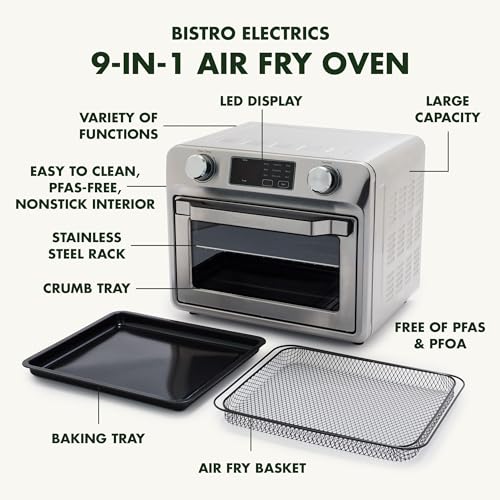 Matte Black 9-in-1 Nonstick Air Fry Oven with Baking Pan, Stainless Steel Rack, and Basket D50542