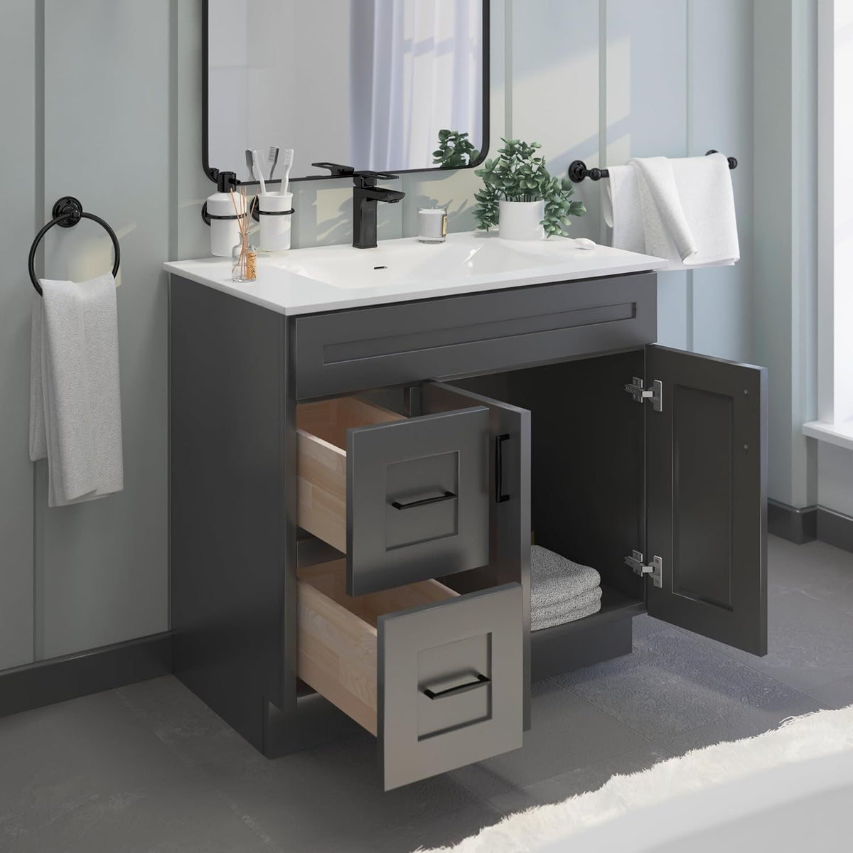 Gray Shaker Bathroom Vanity Sink Base with Drawers 36 in Cabinet M810