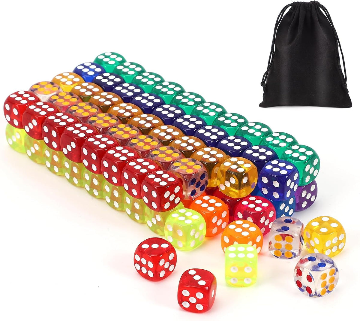 100Pcs Colored Dice Set Standard 16mm Game Dice Bulk with Black Drawstring Storage Bag E8215