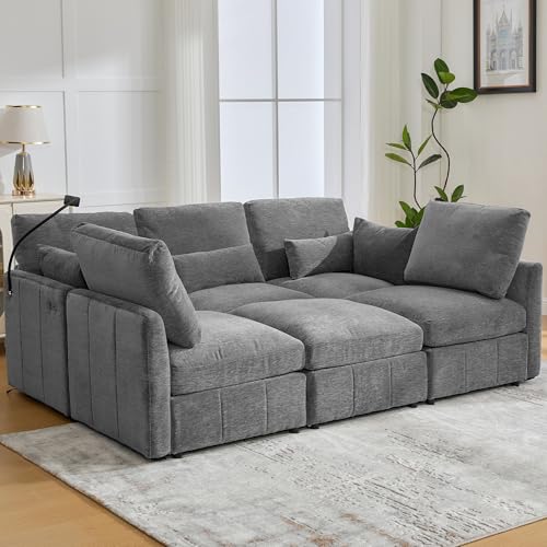 6 Seater Reversible Modular Sectional Sofa Sleeper Couch Bed Chenille Upholstered with USB Ports I254002