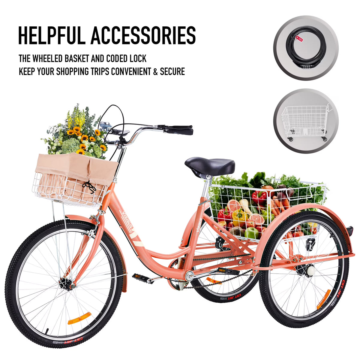 26Inch Single Speed Adult Tricycle 3 Wheel Cruiser Bike with Removable Wheeled Basket V9568