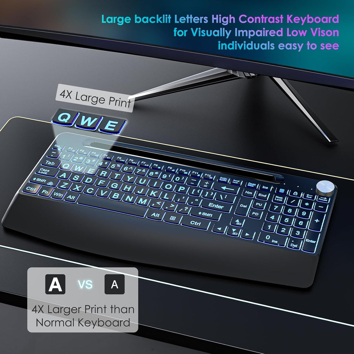2.4G Wireless Large Print Full Size Keyboard with 7 Colored Backlit J4995